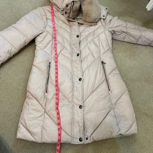 London Fog Women's Long Puffer Coat Faux Fur Hooded Champagne Tan Size Medium - Picture 5 of 8